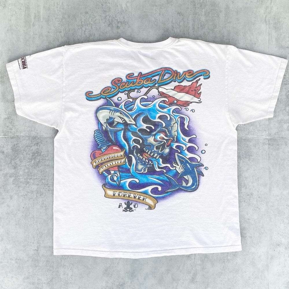 Vintage 90s Amphibious Scuba Skull Shark Dive Tee